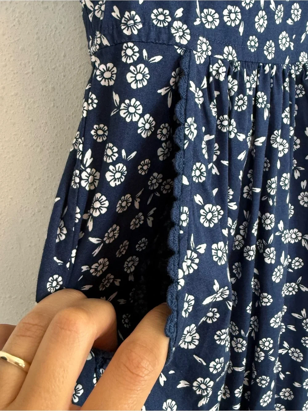 J.Crew Printed Lace Trim Mid Dress Navy Blue White Floral Cotton Sz 10